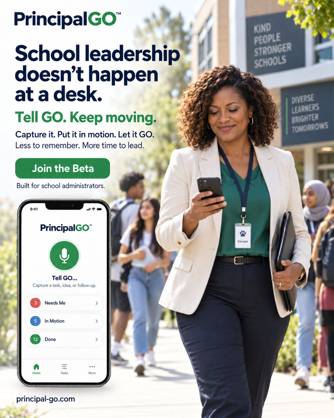 PrincipalGO Lead Beyond the Desk campaign featuring a principal using PrincipalGO while moving through a school campus