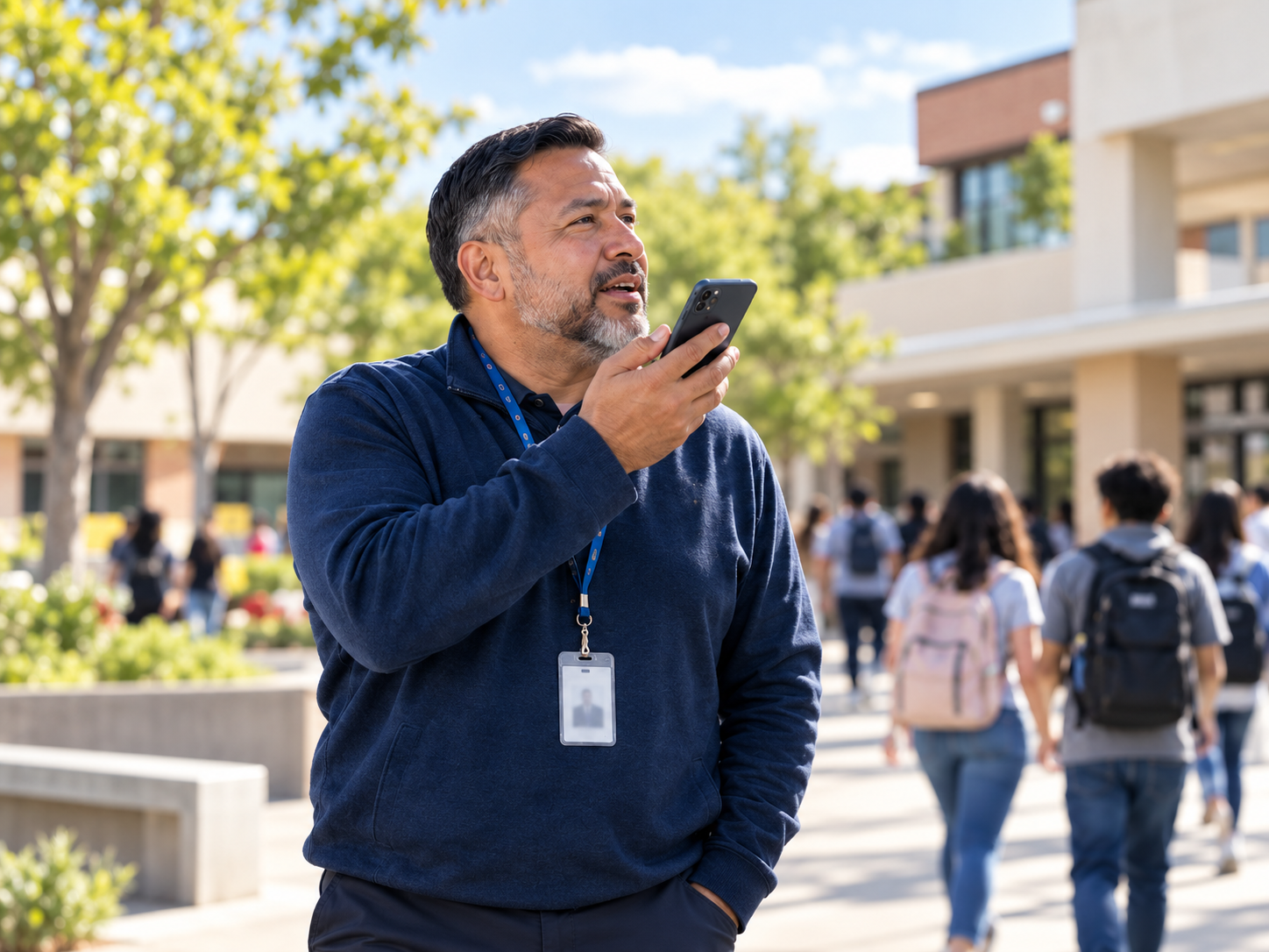 School leader using his phone while moving through campus